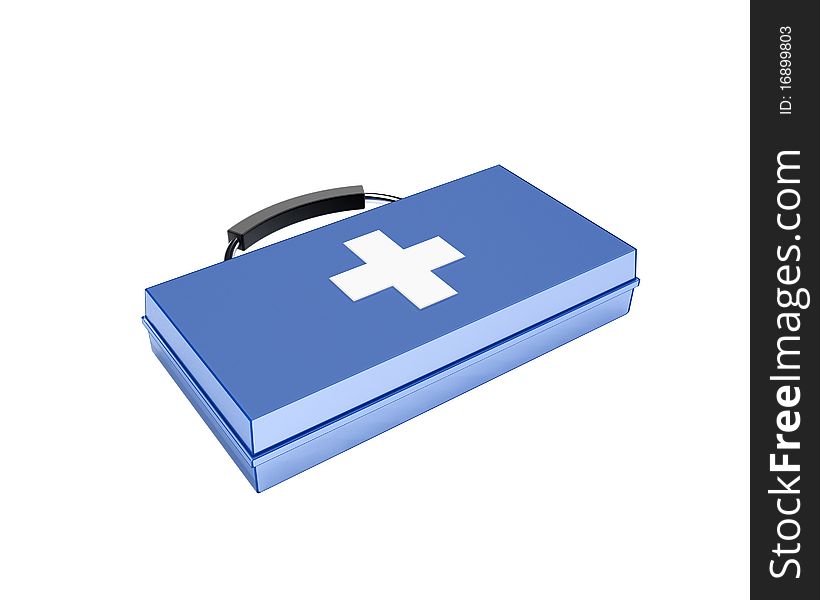 Blue first-aid set with white cross and black handle isolated on white