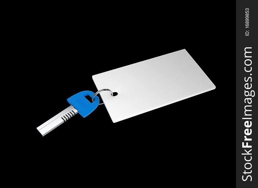 Blue key with an empty tag isolated on black