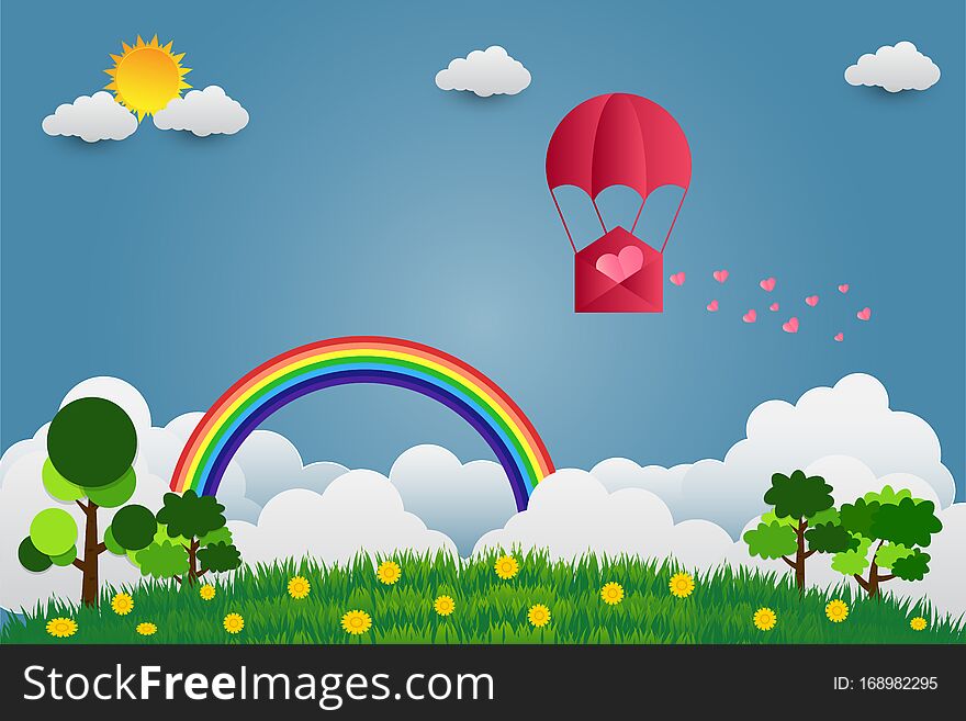 Valentine`s Day balloon heart-shaped floating in the sky and beautiful mountains cloud.paper art.vector illustration