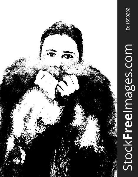 Woman in fur - black and white sketch