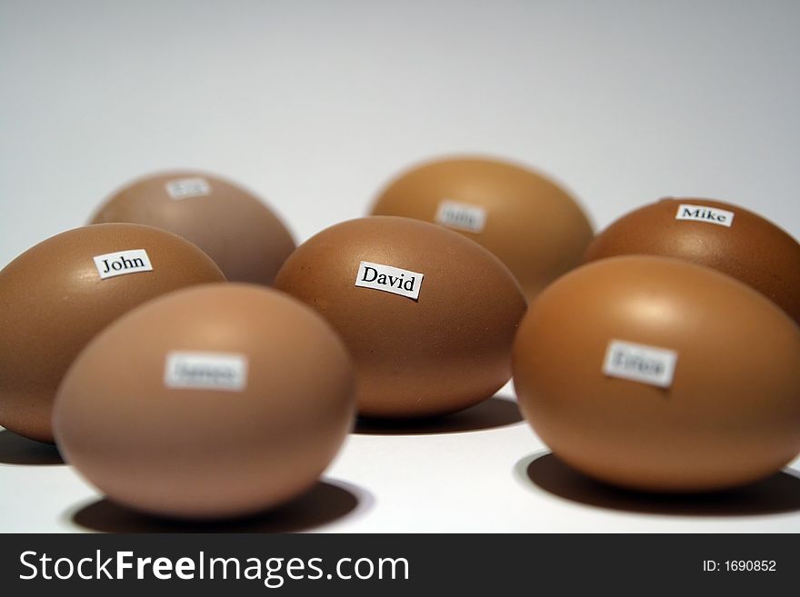 Chicken eggs with human names, white background. Chicken eggs with human names, white background.