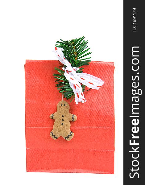 Decorated red christmas bag isolated on a white background