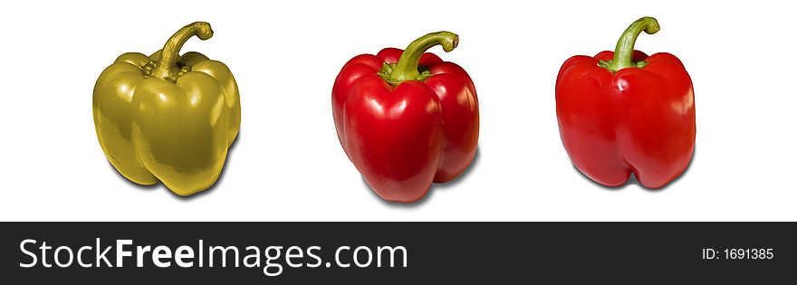 Three vivid colour peppers isolated on white background. Three vivid colour peppers isolated on white background
