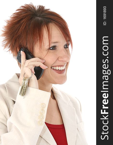 Buisiness woman on cellphone. smile keys caucasian. Buisiness woman on cellphone. smile keys caucasian