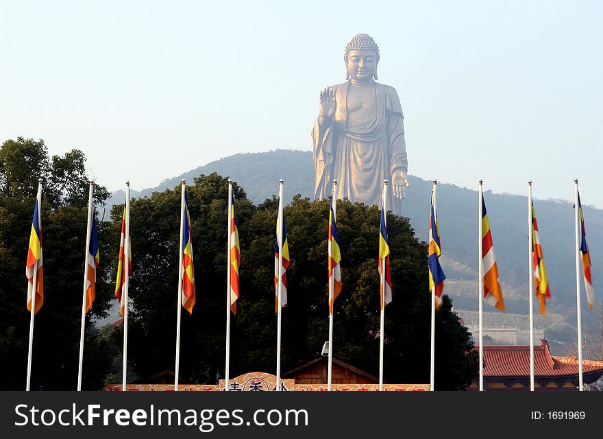 Flags In Fromt Of Buddha