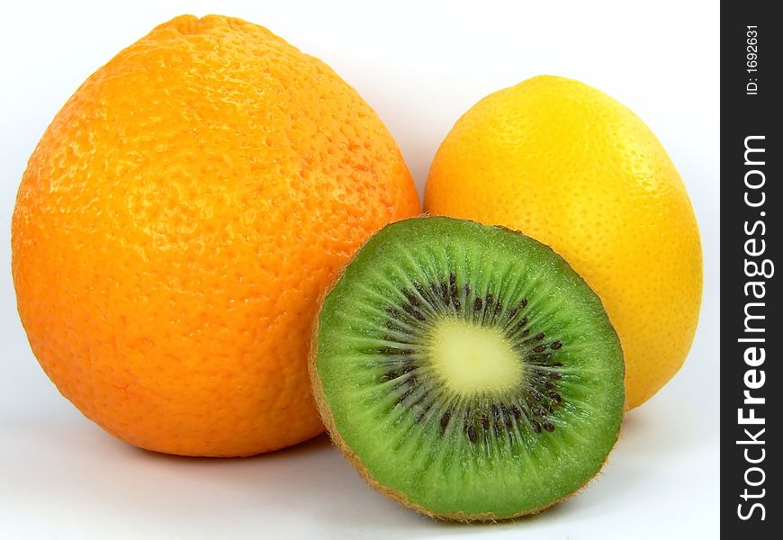 Orange, lemon and kiwi on white background. Orange, lemon and kiwi on white background