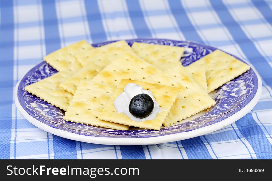 Plate with crackers yogurt and blueberry.