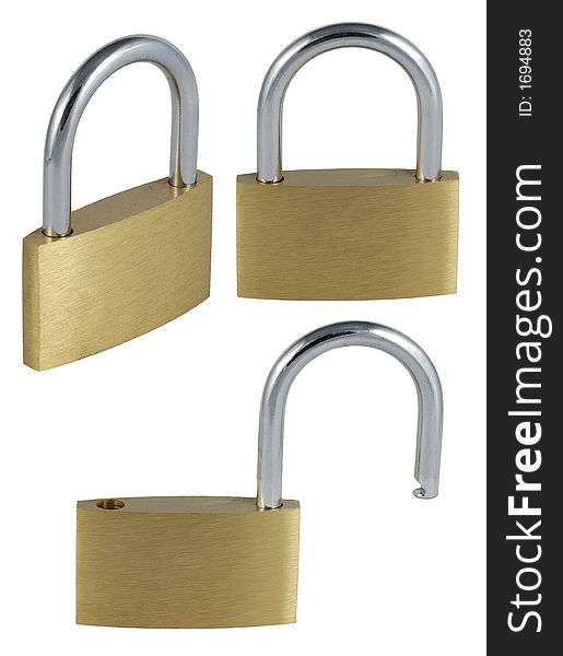 Three views on padlock: open, closed