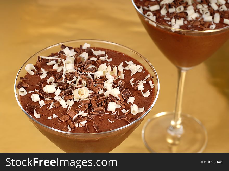 Chocolate Pudding With Chocolate Curls In Martini Glasses