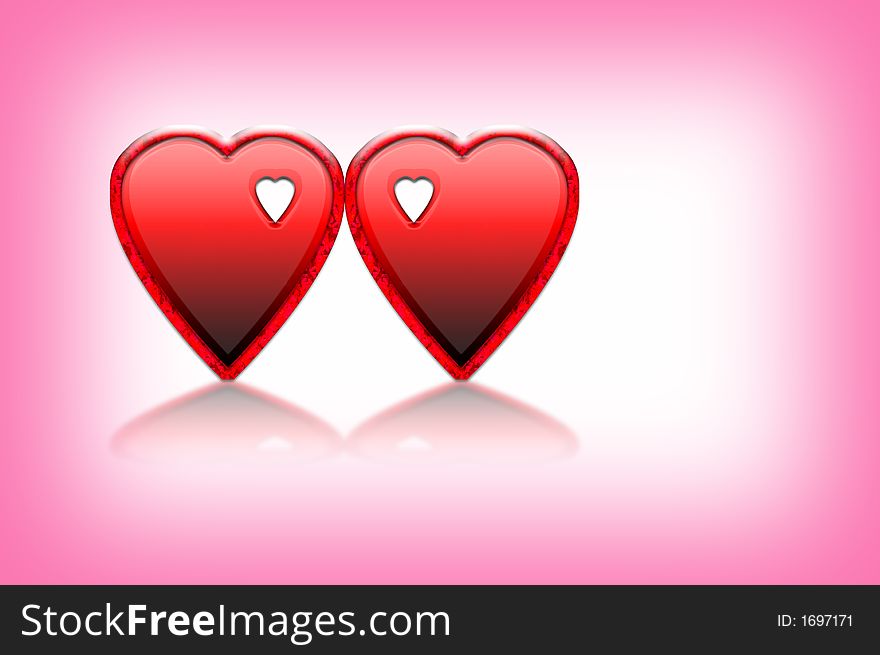 Two hearts side by side on a pink and white background. Two hearts side by side on a pink and white background.