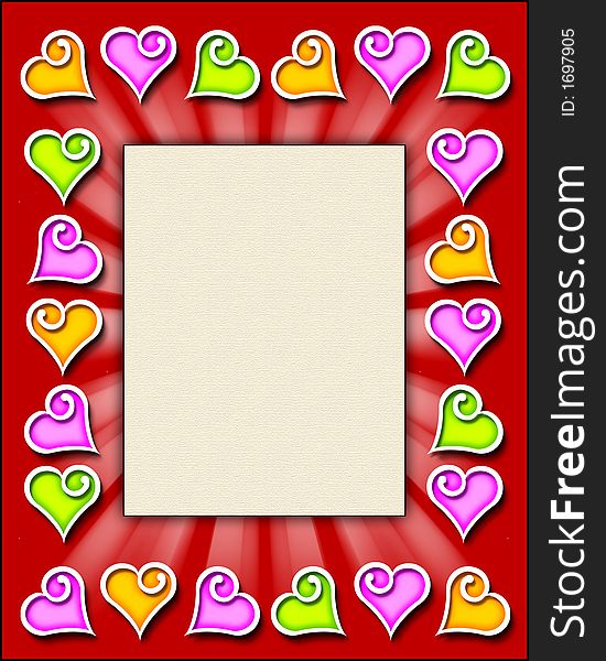 A 3-D illustration of a frame with fun, hand-drawn hearts in several colors. A 3-D illustration of a frame with fun, hand-drawn hearts in several colors