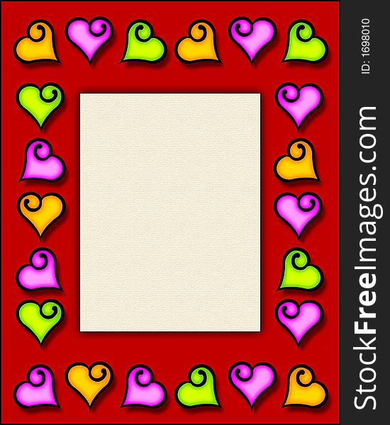 A 3-D illustration of a frame with fun, hand-drawn hearts in several colors. A 3-D illustration of a frame with fun, hand-drawn hearts in several colors