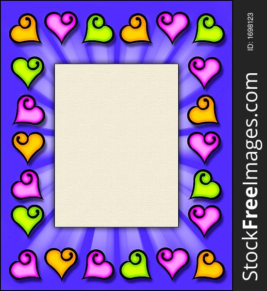 A 3-D illustration of a frame with fun, hand-drawn hearts in several colors. A 3-D illustration of a frame with fun, hand-drawn hearts in several colors