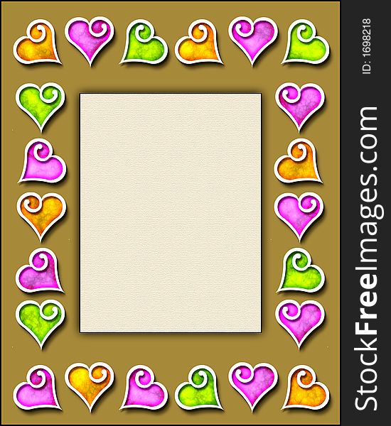 A 3-D illustration of a frame with fun, hand-drawn hearts in several colors. A 3-D illustration of a frame with fun, hand-drawn hearts in several colors