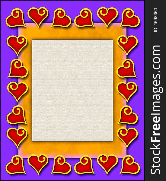 A 3-D illustration of a frame with fun, hand-drawn hearts in several colors. A 3-D illustration of a frame with fun, hand-drawn hearts in several colors