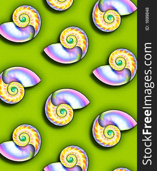 A rough pastel HAND-DRAWN illustration of colorful nautilus shells in a pattern - perfect for a background or wrapping paper or a greeting card. A rough pastel HAND-DRAWN illustration of colorful nautilus shells in a pattern - perfect for a background or wrapping paper or a greeting card