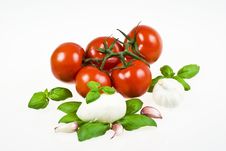 Tomatoes, Mozzarella, Basil And Garlic Stock Photo Tomatoes, Mozzarella, Basil And Garlic Stock Photo