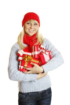 Woman Holding Many Gift Boxes Stock Image