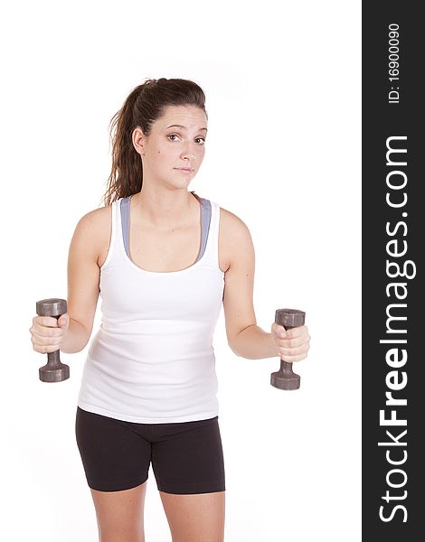 Woman white tank working with weights