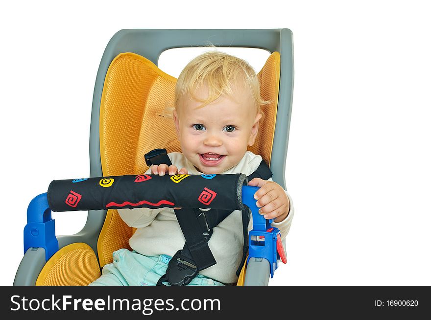 Little boy in the bicycle chair on white. Little boy in the bicycle chair on white