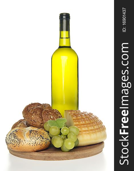 Wine cheese and bread, on white background. Wine cheese and bread, on white background.