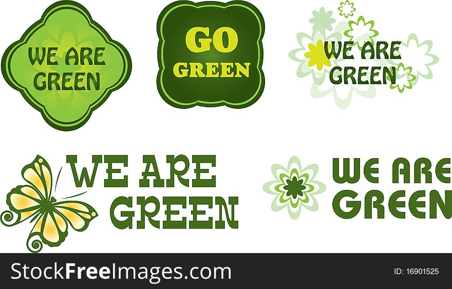 Five Go Green Labels with butterfly and flowers