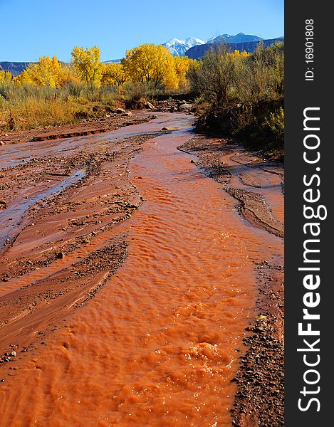 Desert Stream in Fall with Snowy Mountains