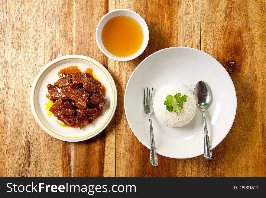 Roast Pork With Rice And Soup.