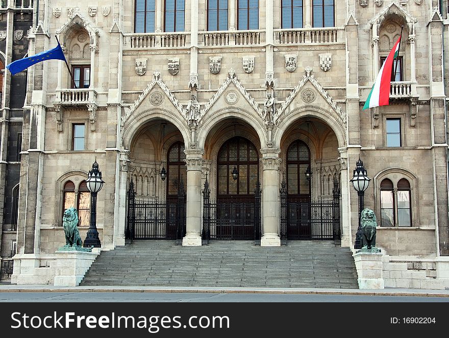 Entrance to the building of Hungarian Parliament in Budapest