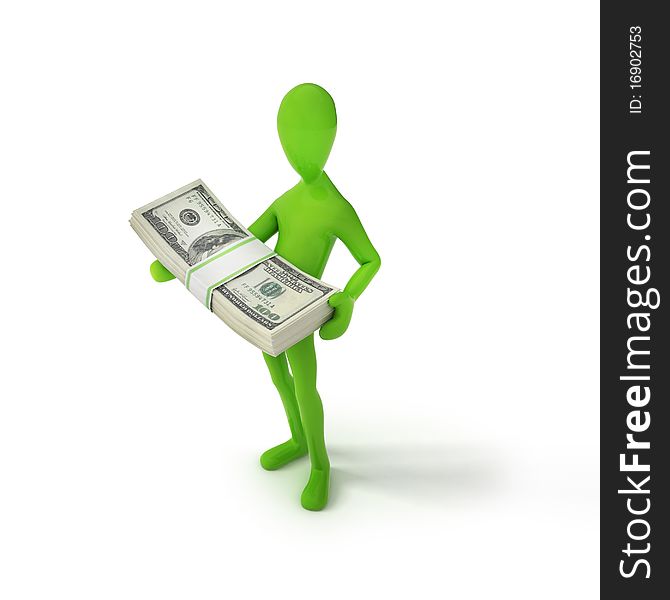Human with money on white isolated. 3d render