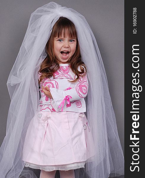 Pretty little girl in a white veil and pink dress