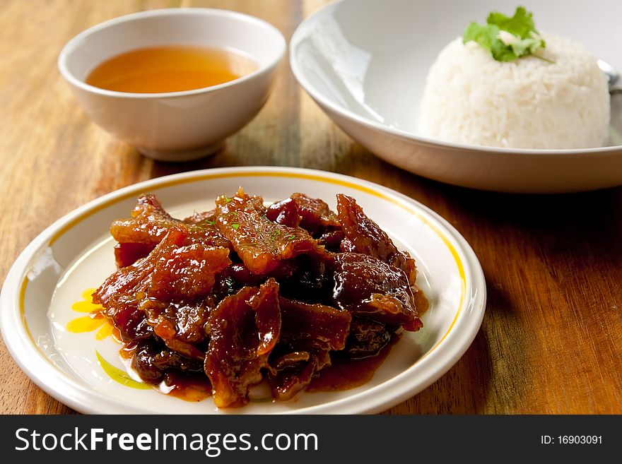 Roast Pork With Rice And Soup.