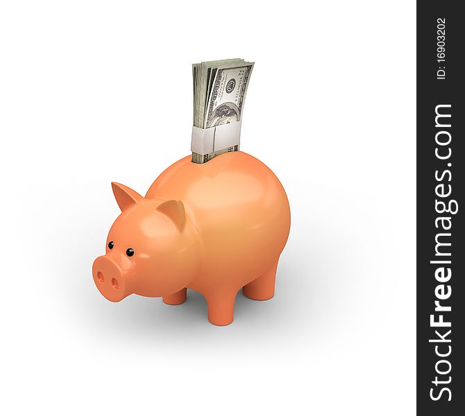 Moneybox pig with money on white isolated. 3d render. Moneybox pig with money on white isolated. 3d render