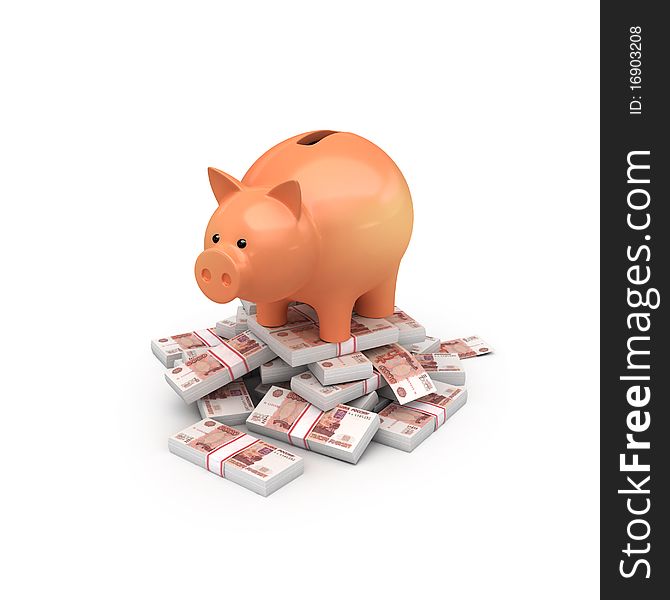 Moneybox pig with money on white isolated. 3d render. Moneybox pig with money on white isolated. 3d render