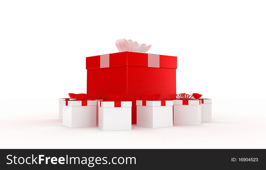 White gift box with red ribbon in the middle of a pile of white gift boxes