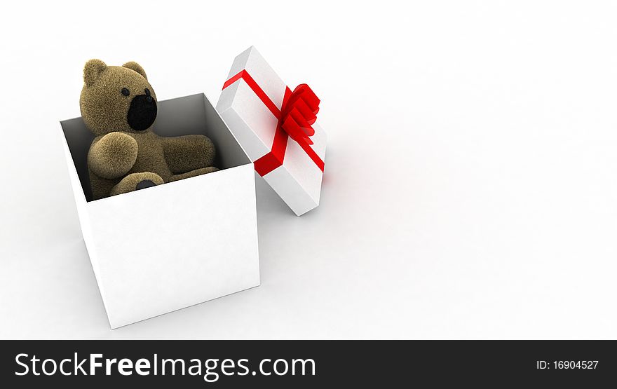 Teddy bear in a white gift box, isolated 3d picture