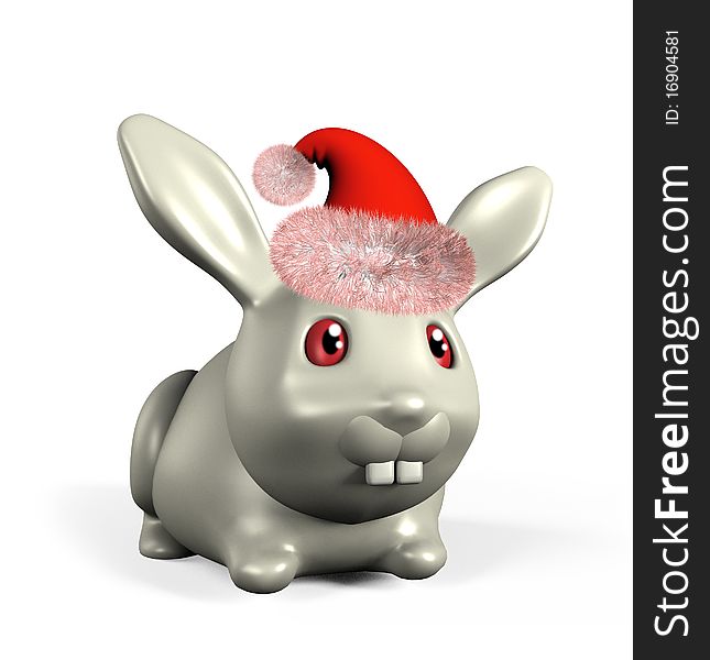3d A fanny rabbit in red hat on white background