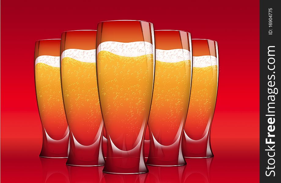 Five Isolated Shiny Glasses of beer on red background. Five Isolated Shiny Glasses of beer on red background