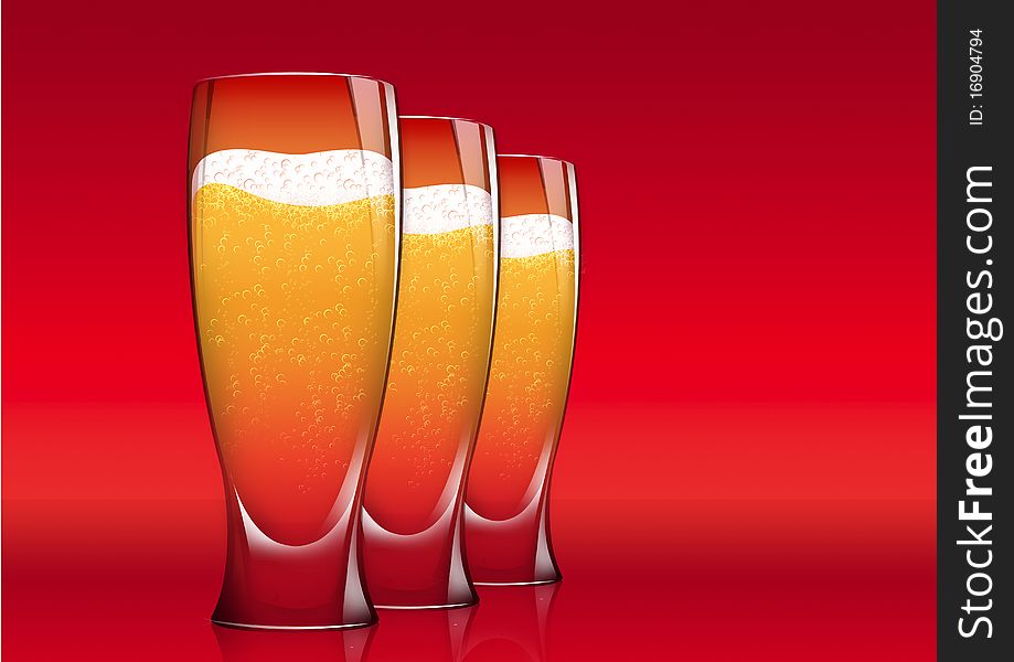 Three Isolated Shiny Glasses of beer on red background. Three Isolated Shiny Glasses of beer on red background
