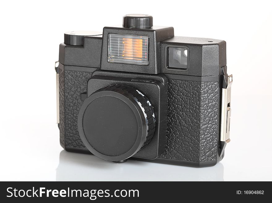 Old vintage camera on white background. Old vintage camera on white background