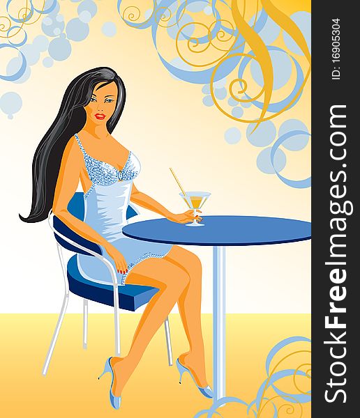 Girl with a cocktail. Restaurant. Vector illustration. Girl with a cocktail. Restaurant. Vector illustration.