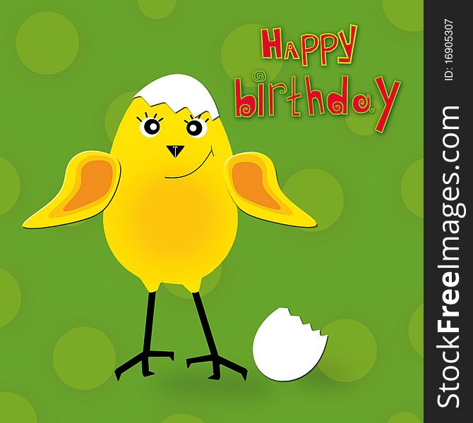 Illustration with a chicken and conratulations happy birthday