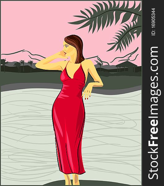 The girl at the resort. Vector illustration. The girl at the resort. Vector illustration.
