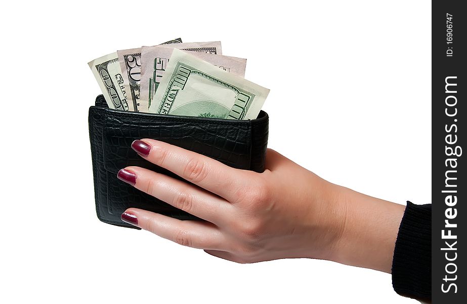 Hand holds the purse and money on white