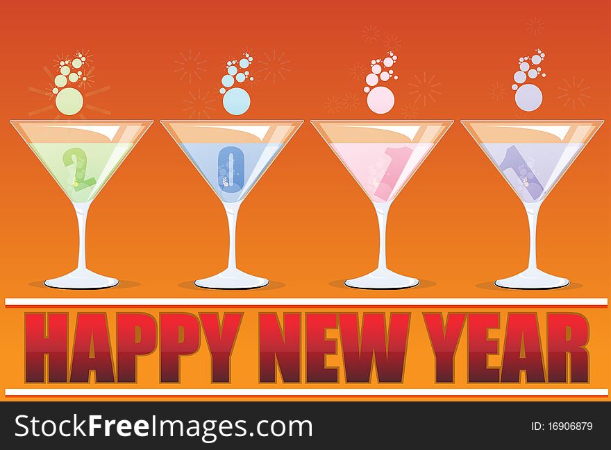 Illustration of new year card with cocktail glasses