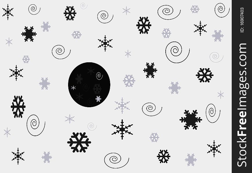 Image of snowflakes and Christmas-tree decoration in black, white and grey colours. Image of snowflakes and Christmas-tree decoration in black, white and grey colours