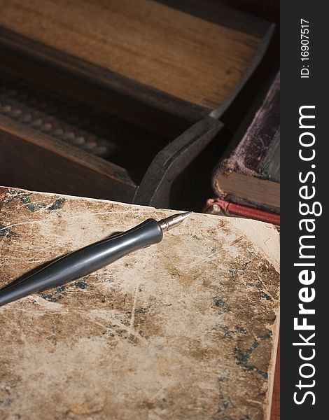 The old library book on a book-depository table. The old library book on a book-depository table.