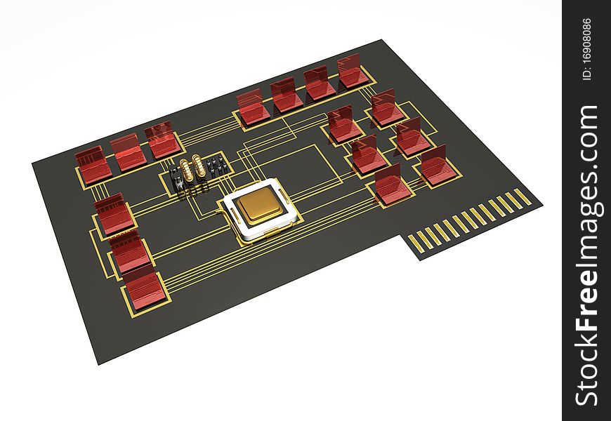 Red 3d notebooks and processor on electronic board. Red 3d notebooks and processor on electronic board.