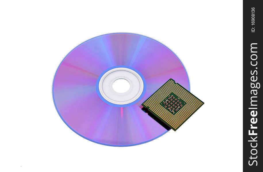 Optical disk and CPU on a white background