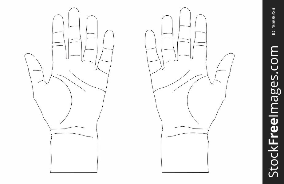 Two open hands showing palms black outline on white background. Two open hands showing palms black outline on white background